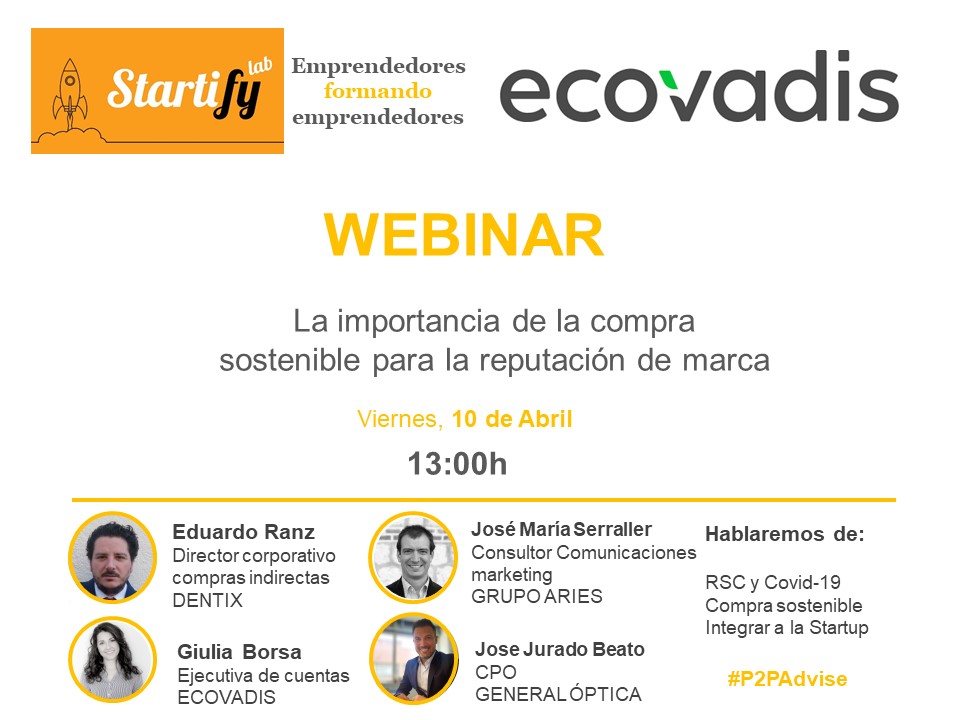StartifyOficial's tweet photo. Llega el tercer webinar de la seria #P2PAdvise con el tema:
LA IMPORTANCIA DE LA COMPRA SOSTENIBLE PARA LA REPUTACIÓN DE MARCA.
Apúntate en el siguiente enlace: 
https://t.co/YOI3Khlj7R

#teletrabajar #startifylab #startify #emprendimiento #procurement #startups #entrepreneur https://t.co/iYuLygCbwU