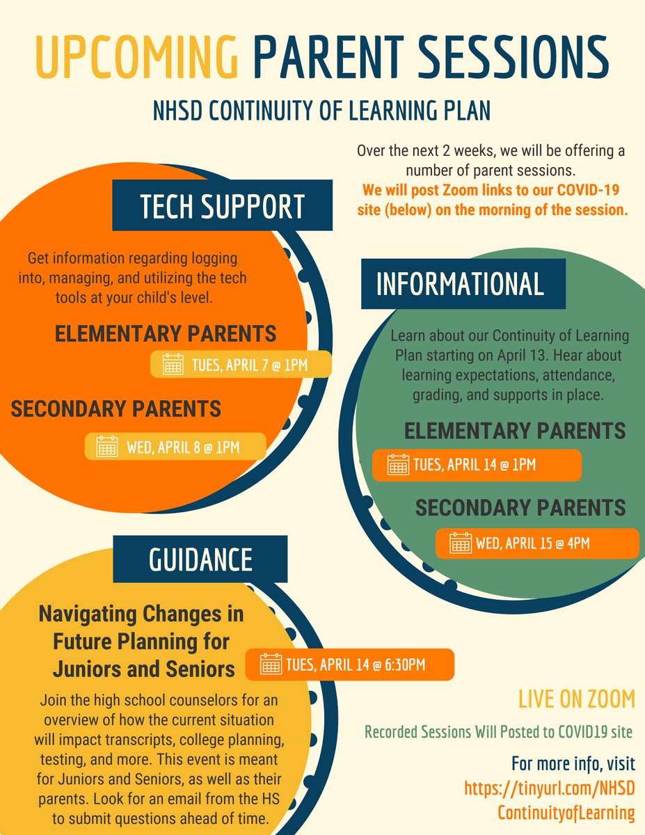 Next week we will start hosting #NHSSD parent sessions via Zoom. Links can be found on our site the morning of the sessions. Mark your calendars! @DirectorMalone @chucklentzsuper @mrsjennybloom @UESPrincipal  <a href="/NHSMIDDLESCHOOL/">New Hope-Solebury Middle School</a> <a href="/NHS_Lions/">NHS High School</a>