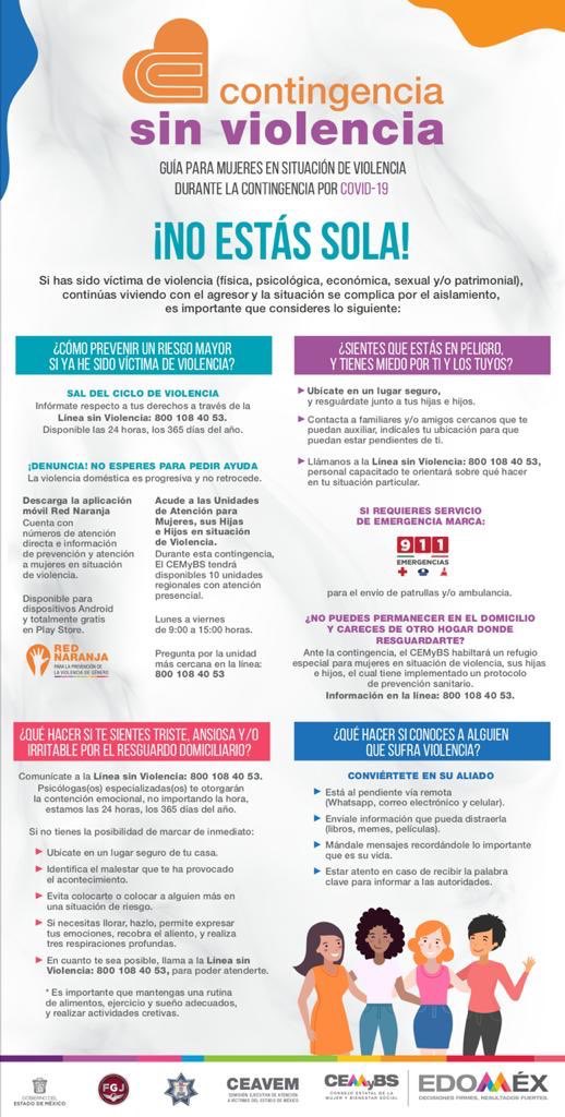 SeMujeresEdomex's tweet photo. 🙏 Por favor ayúdanos a compartir la  📙 Guía para mujeres en situación de violencia que el @Edomex preparó para las mujeres que necesitan apoyo en esta #ContingenciaSinViolencia originada por el #Covid_19mx 🦠. https://t.co/WUSNIh5yWv