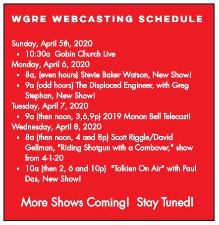 WGRERadio's tweet photo. It's WGRE's new Webcasting Schedule for the week of 4/5-11! New shows, old shows, replays, we're building our Pandemic library! Stay tuned for more new shows and some DPU updates, on https://t.co/KE4X3zosez! Your Pandemic Alternative! #wgre #depauw #newstuff #noviruscanstopus https://t.co/YdVIF4hMBy
