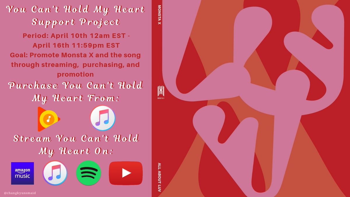 Hi Monbebes! I'd like to introduce a project to support Monsta X through their recent song YOU CAN'T HOLD MY HEART.The goal is to PROMOTE the song, with a focus on mainly BUYING, as well as STREAMING.  @OfficialMonstaX  @eshygazit  #MONSTAX  #YouCantHoldMyHeart