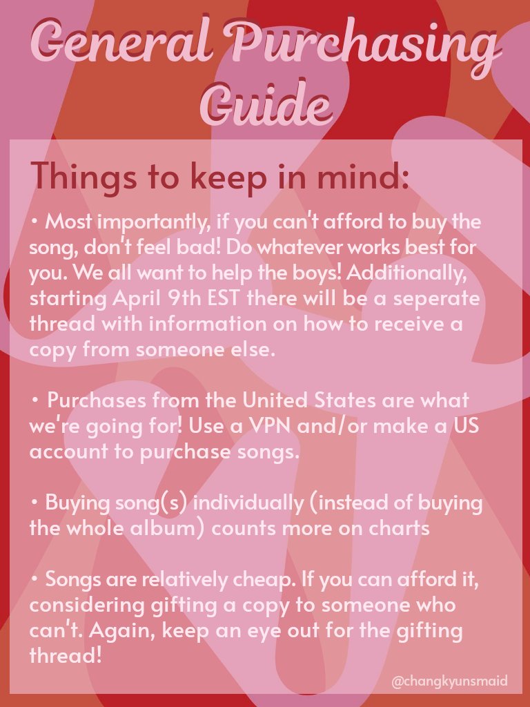PURCHASING!Our main focus of the project will be purchasing, and while streaming is also important, purchasing the song individually (instead of purchasing the whole album) is most helpful. Here are some tips when purchasing the song! (Keep an eye out for a gifting thread)