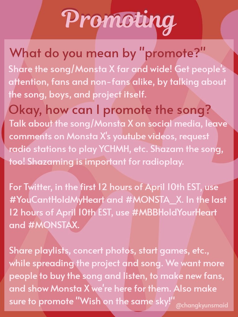 PROMOTION!A big part of this will come not only from streaming and purchasing, but also from talking about it. Below is a graphic detailing what "promoting" means.