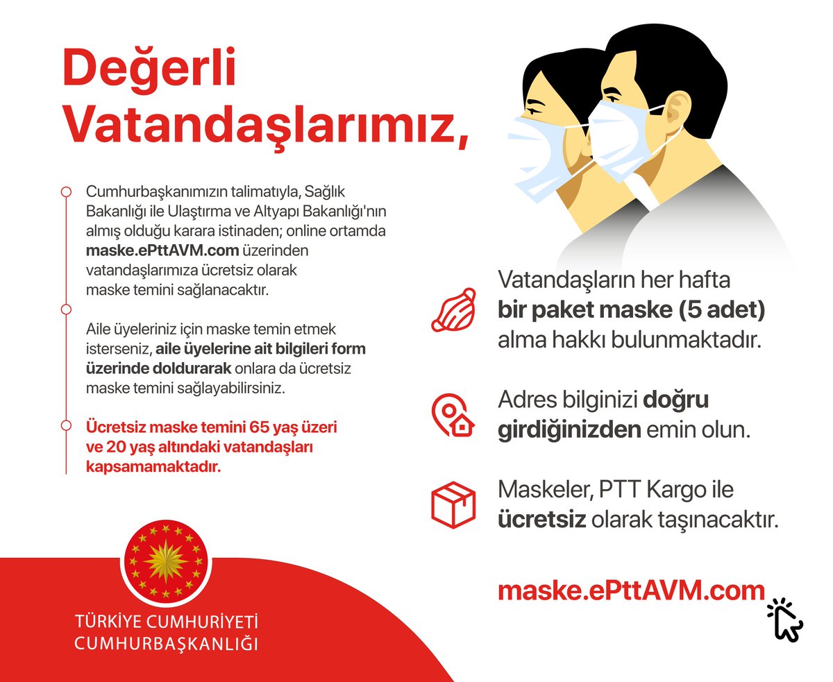 MErgun_Turan's tweet photo. Sevgili Fatihliler;

Cumhurbaşkanımız @RTErdogan'ın talimatı ile 20-65 yaş arası vatandaşlarımıza her hafta 5 adet maske dağıtılacak.

Başvurularınızı https://t.co/S1IP7sRwv1 adresinden yapabilirsiniz. PTT tarafından ev adreslerinize ücretsiz dağıtımı sağlanacak. https://t.co/0d2ur6VbKY
