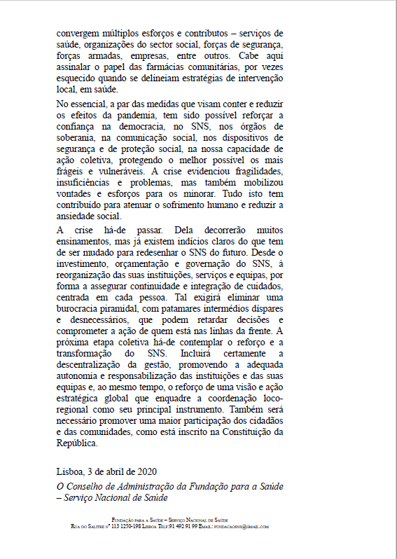 Comunicado emitido pela Fundação para a Saúde - SNS, no dia 4 de abril, sobre a pandemia COVID-19, os Cidadãos, o Serviço Nacional de Saúde e o Futuro.