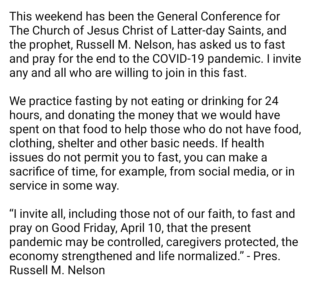 LTNehring's tweet photo. #generalconference #fasting #prayer #invitationfromaprophet #thechurchofjesuschristoflatterdaysaints #prayingforanendtothepandemic #goodfriday #holyweek https://t.co/va57k1vjCg
