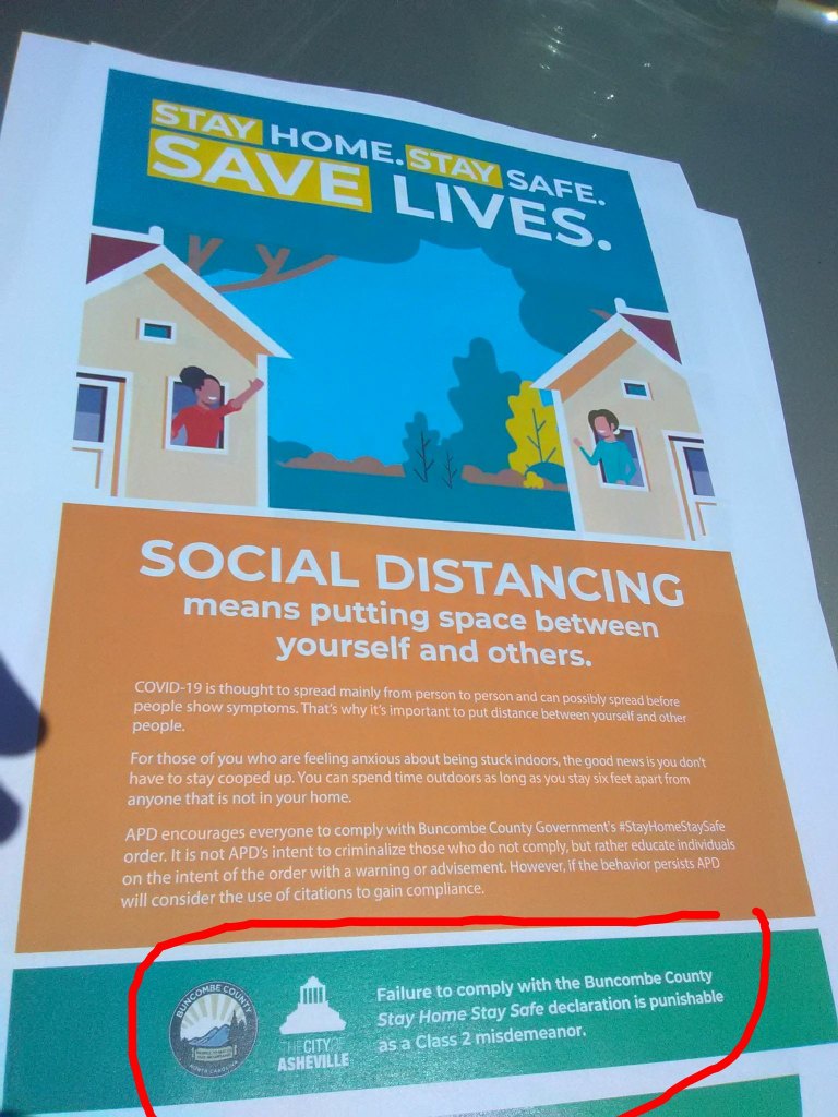 So let's talk about how that  #avlgov stay at home order is enforced and against whom. A few days ago, these fliers started going up in public housing, posted by housing authority staff backed by cops. Notice the emphasis on criminal charges...  #avlnews