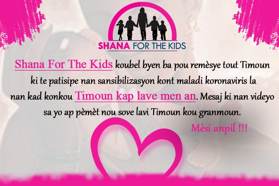 shanaforthekids's tweet photo. ShanaForTheKids pa gen mo pou felisite Timoun yo.
Kado yo ap disponib apati lendi 6 avril 2020 an.
10 pi bèl videyo yo kado nou gen tan la. E gen sipriz pou tout lòt videyo ki te fèt yo.
#Kovid19GiveAway
#Timounkontechallenge
#Lavemenchallenge
#Pabliyetimounyochallenge https://t.co/QtpAb2O3Dt
