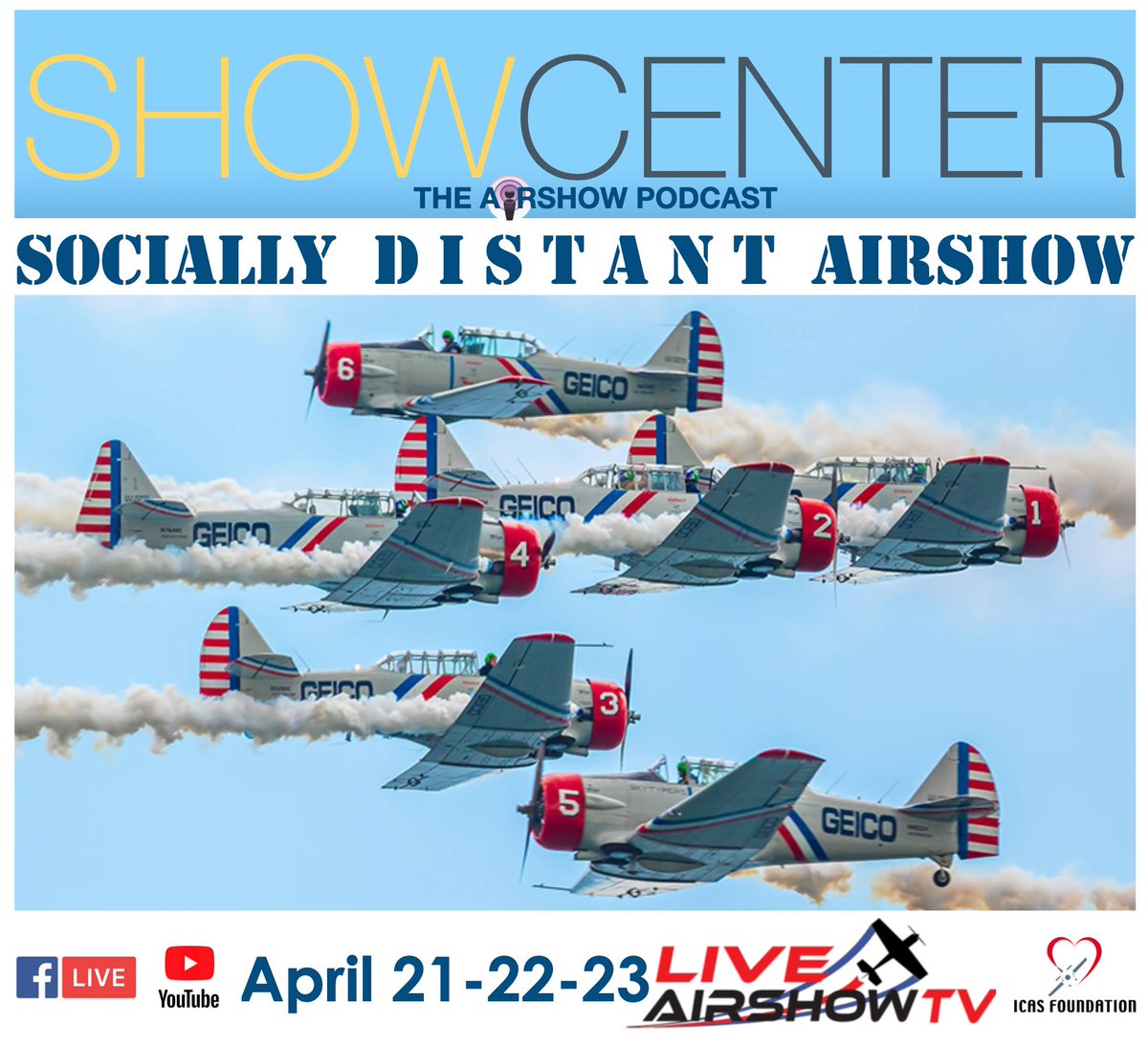 LiveAirShowTV's tweet photo. The @GEICOSkytyper are on board for the #SociallyDistant Airshow, 4/21-23. Watch for free on the LiveAirShowTV FB page & YouTube channel. We hope you'll donate to the #ICASFoundation to help those airshow folks impacted by the shutdown. @icas_hq @We_love_aero #onlineairshow https://t.co/vyg5XuSphl