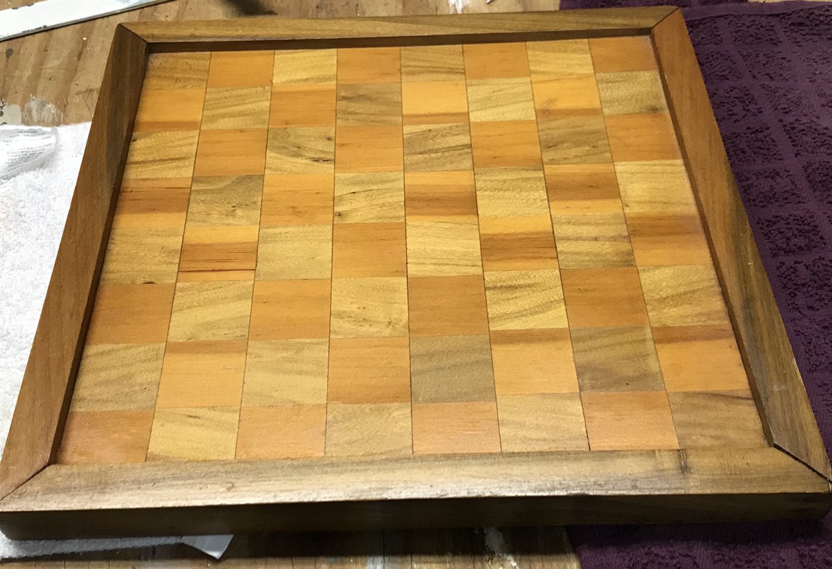wallacejj's tweet photo. Refinishing chessboard I made in 1970 shop class, after first restain. I said “What to do with this?” and Cheryl replied “Make into serving tray.” Great idea! #ShopRules https://t.co/SnWpI5jJMR