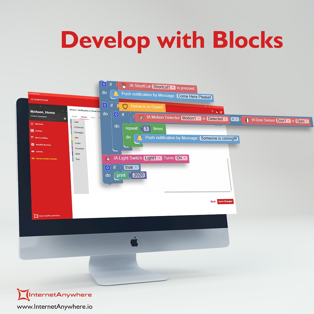 Using IA Control
Panel, you can develop your own services and make money from them.
At the Service Creator area, Visual Console enables you to
create services in a visual workspace just by
dragging and dropping blocks.