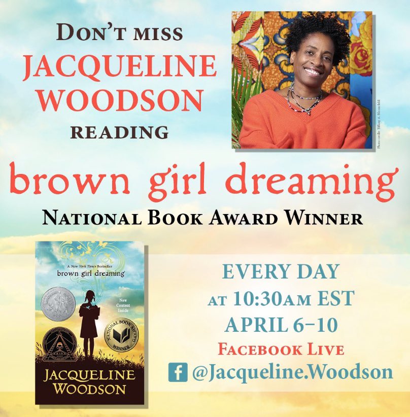 Celebrate #NationalPoetryMonth with ⁦@JackieWoodson⁩ reading #BrownGirlDreaming April 6-10 9:30 am CT Facebook Live #DallasISDAtHome ⁦@DISD_Libraries⁩ ⁦@DallasReads⁩ ⁦@dallasschools⁩ ⁦@maxielpastor⁩ 📚