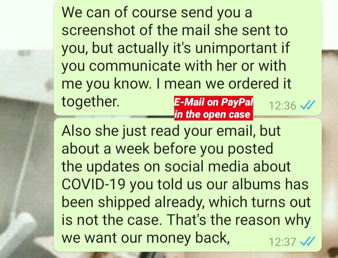 because she emphasized all the time government forbids Portuguese to leave their house why she can't send out the orders. So, before our buyer protection expires and we will be there without albums, neither money, we simply wanted our money back.