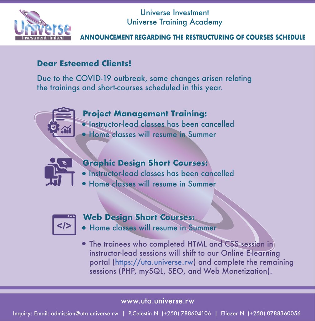 Dear Esteemed Clients!
Due to #COVID19 outbreak, some changes ariseb with our training schedule.
Please check the amendements below:

#StayHomeStaySafe #elearning #Webdesign #PhpMyAdmin #php