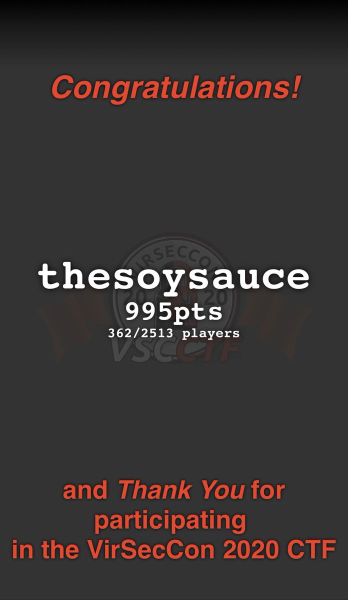 Participated my first ever live CTF this weekend. Happy with the result and learned a lot in the process! Still a metric tonne of stuff to learn! Binary exploitation nailed me! #VirSecCon2020 #CTF #hacking