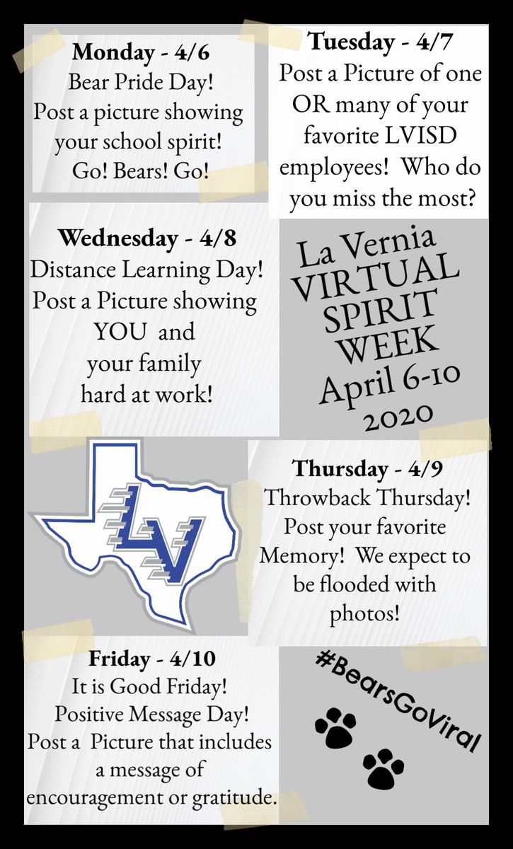 LVISDAthletics (@lvisdathletics) on Twitter photo Hey All You Bear Fans!!!🐻💙
Now is the Time for You to Be a Part of History!
La Vernia High School, in conjunction with La Vernia Athletics is proud to announce that this coming Monday - 
April 6th - We will kick off Our Virtual Spirit Week! 
facebook.com/LVISDAthletics… Hey All You Bear Fans!!!🐻💙
Now is the Time for You to Be a Part of History!
La Vernia High School, in conjunction with La Vernia Athletics is proud to announce that this coming Monday - 
April 6th - We will kick off Our Virtual Spirit Week! 
facebook.com/LVISDAthletics…