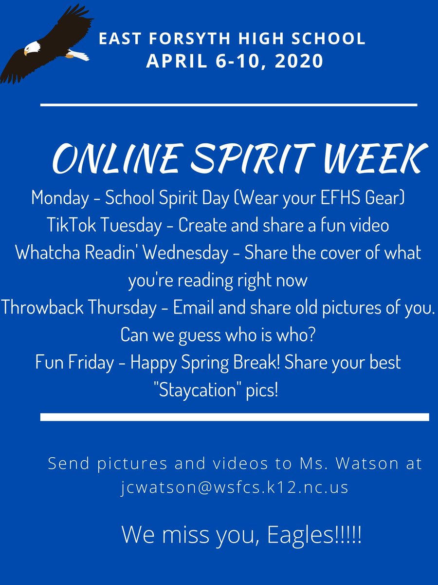 EFeagles's tweet photo. We miss you, Eagles! If you would like to participate in our Online Spirit Week, we would love to see your pictures and videos! Please send them to Ms. Watson @ jcwatson@wsfcs.k12.nc.us. We can't wait to see them! https://t.co/jtVrCX6ET5