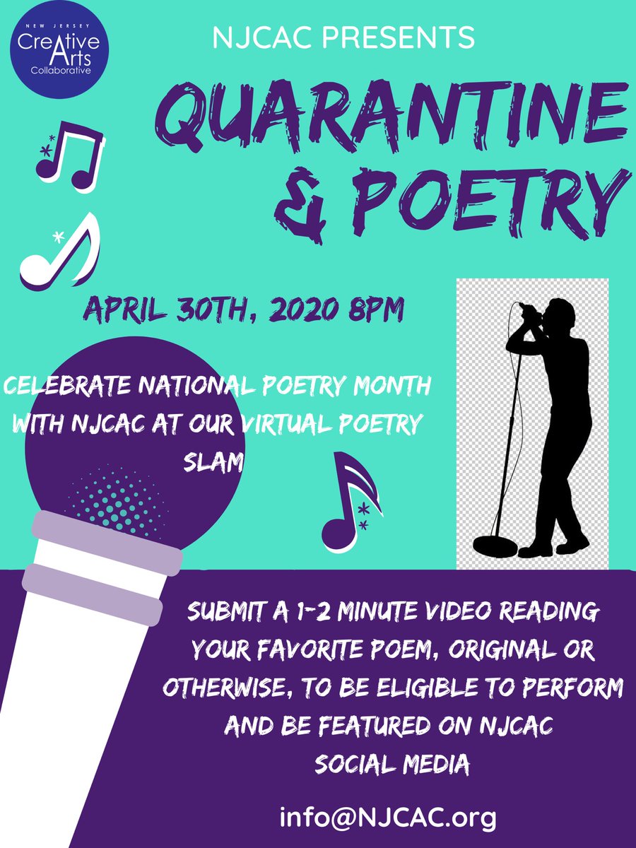 NJCAC1's tweet photo. NJCAC will be hosting our very first virtual #poetry slam. We are looking for performers of color to submit a 1-2 minute video reading their favorite poem, original or otherwise, to info@NJCAC.org to participate in the slam and be featured on NJCAC’s social media https://t.co/IkPidCBcyD