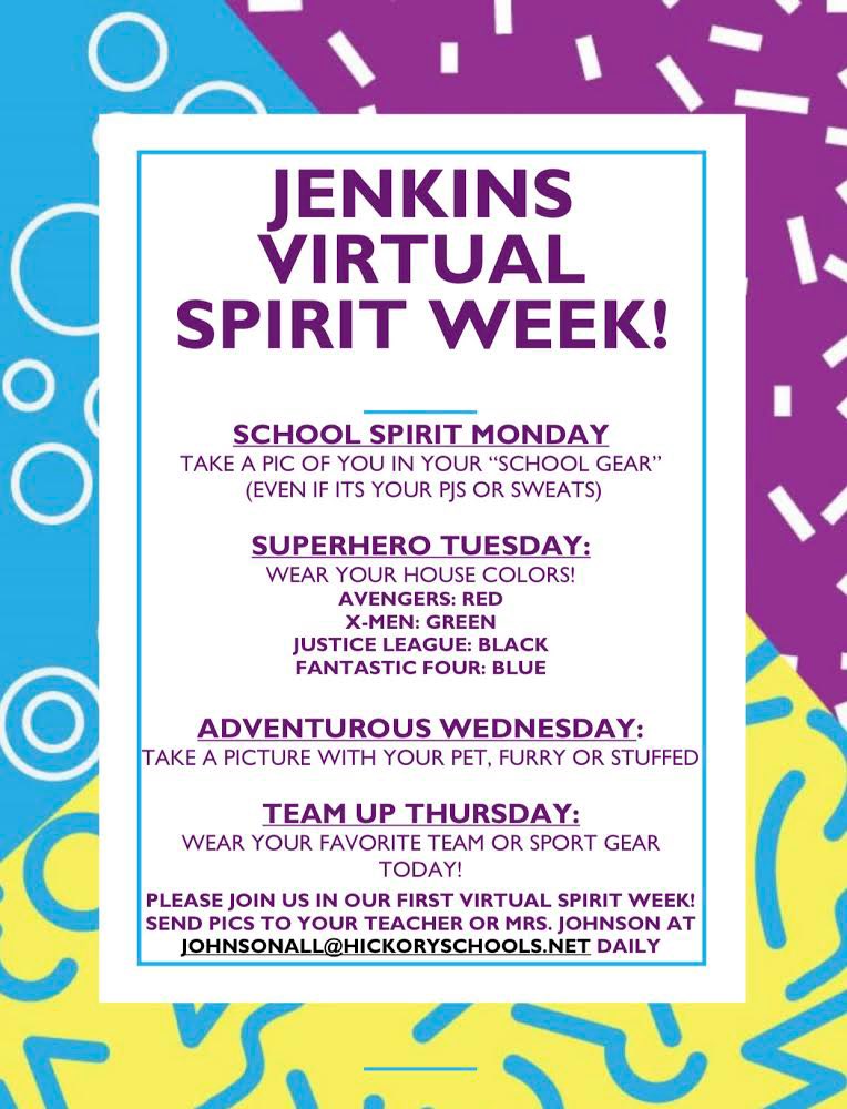 jenkinsbobcats1's tweet photo. Virtual Spirit Week coming your way!! Let’s show Jenkins Pride is bigger than the school building! #jenkinspride #hickoryschools #movingforwardwithwhy #remotelearning https://t.co/UXpYIKQ39P