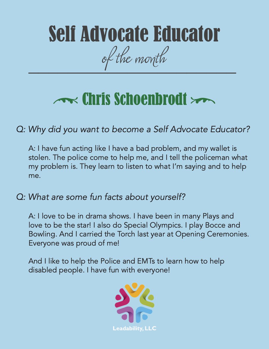 lead_ability's tweet photo. Have you met our latest Self Advocate Educator of the month? Get to know Chris and what he loves about being a SAE!
#leadability #bestbuddies #disabledrights #advocacy https://t.co/wB4EORd2W9