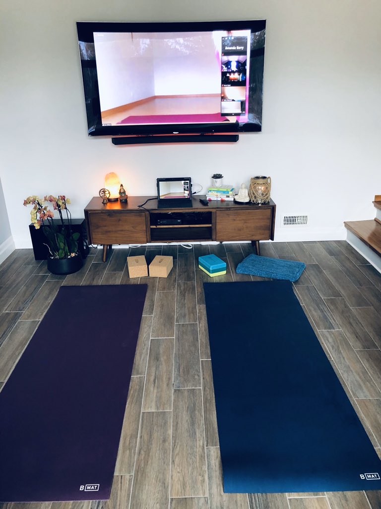 amandanerobarry's tweet photo. Much to my husband’s chagrin, our TV room has been transformed into a virtual yoga studio! YASSS! 🧘♀️ #smallvictories #namasteathome #chaturungaandchill #flow19 #vinyasapowerdate #heatedfloorshotyoga #theremaybemorethanonesaltlampinmylivingroom https://t.co/6zG4oObpfX