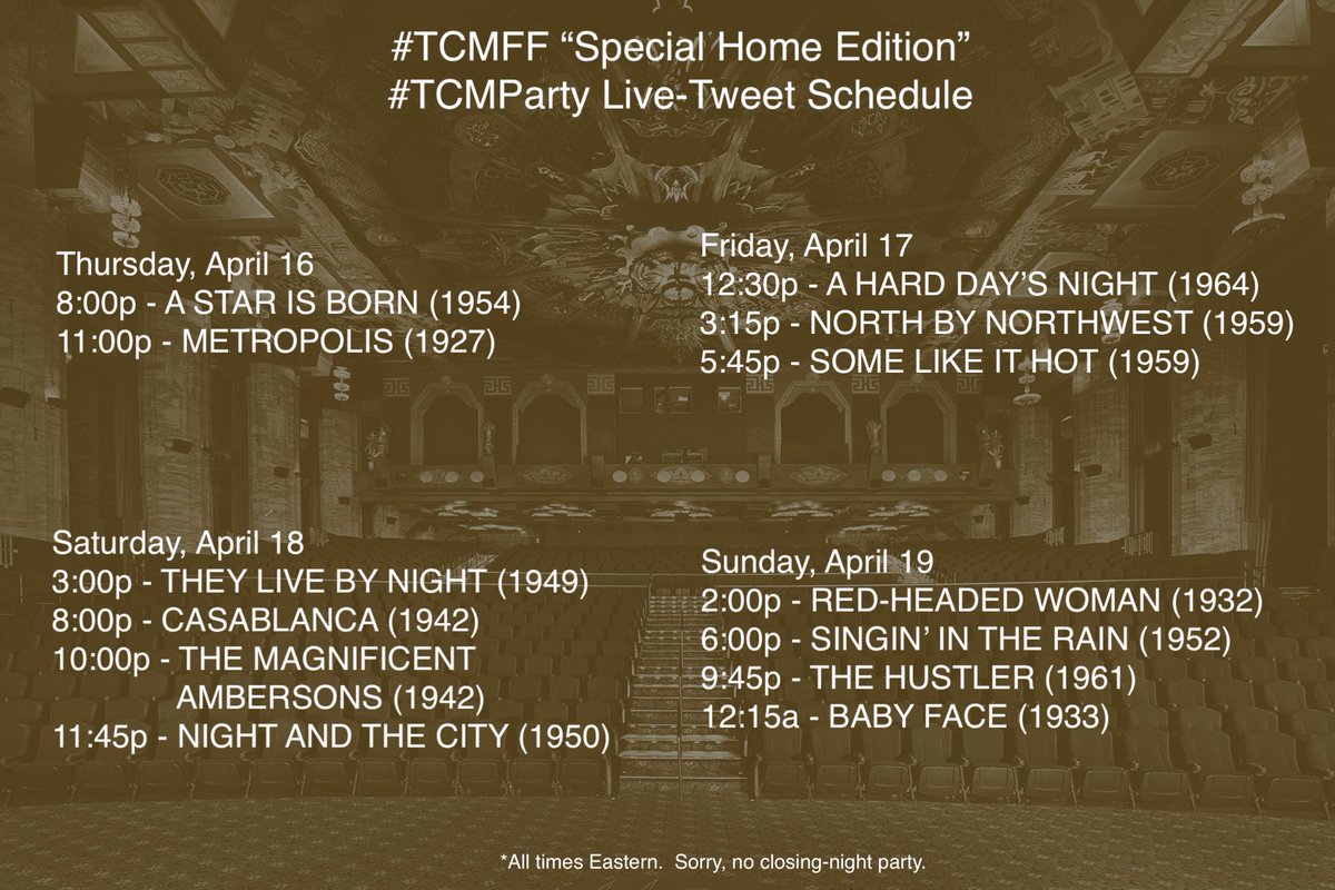 TCM_Party's tweet photo. Just a reminder, we’ll be live-tweeting tons-o-films during the #TCMFF “Stay At Home” edition! 

Festival starts Thursday, April 16th at 8pE.  Full festival schedule here (pdf): https://t.co/lyc0MH22jz
#TCMParty ^JW https://t.co/UnZd1KNZXH