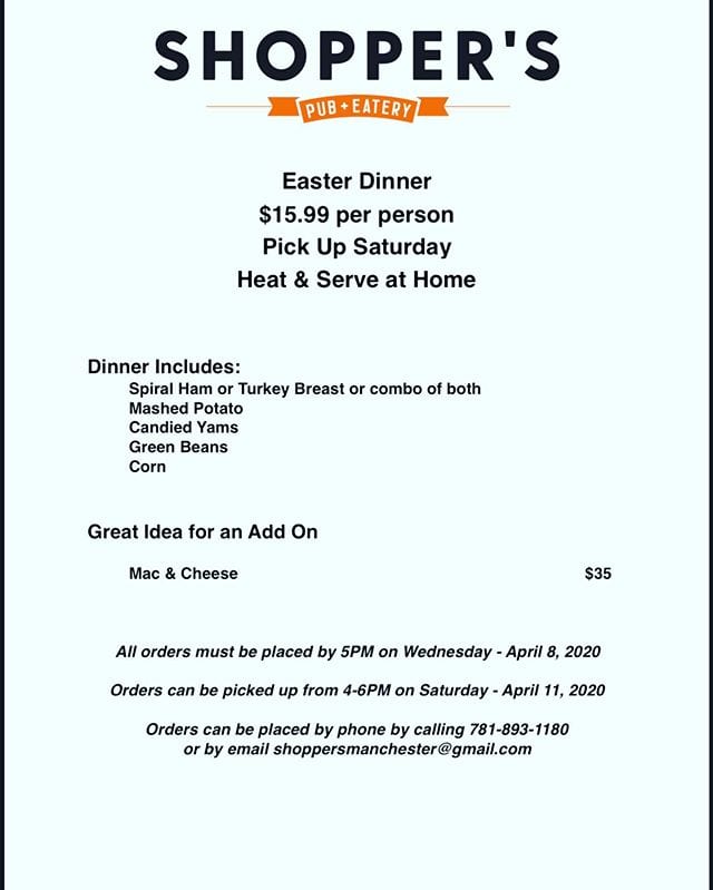 Easter is next weekend. Let us help with Easter Dinner. Offering a complete dinner for $15.99 per person. Meals will be available for pick up Saturday. Heat &amp; Serve at home. All orders must be placed by 5PM on Wednesday – April 8th… bit.ly/3dZ43HV #ShoppersMHT