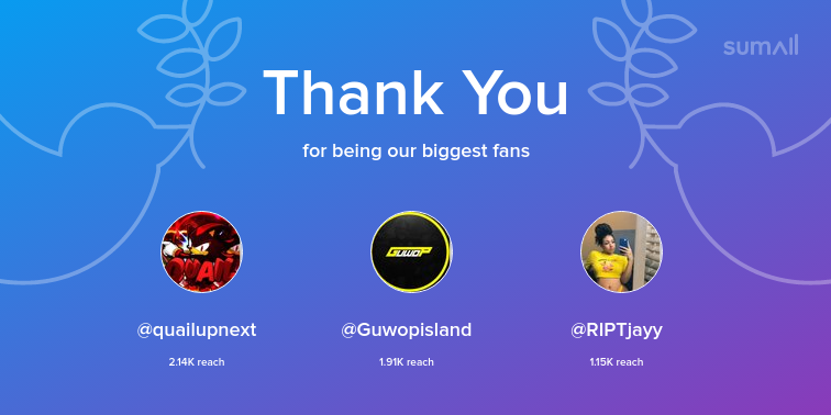 TheReaIBandit__'s tweet photo. Our biggest fans this week: quailupnext, Guwopisland, RIPTjayy. Thank you! via https://t.co/9ei7sc6pN3 https://t.co/74zWfo56ZE