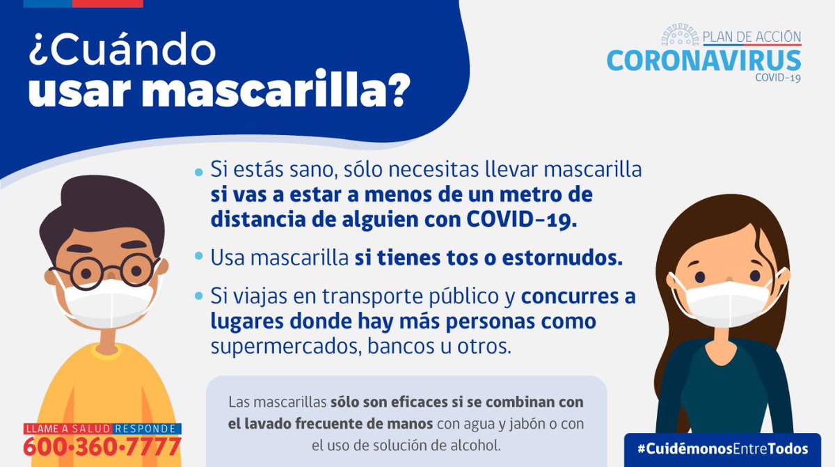 ¿Cuándo debemos usar mascarilla? Recuerda que su uso solo es efectivo si se combina con el lavado frecuente de manos. #CuidémonosEntreTodos gob.cl/coronavirus
