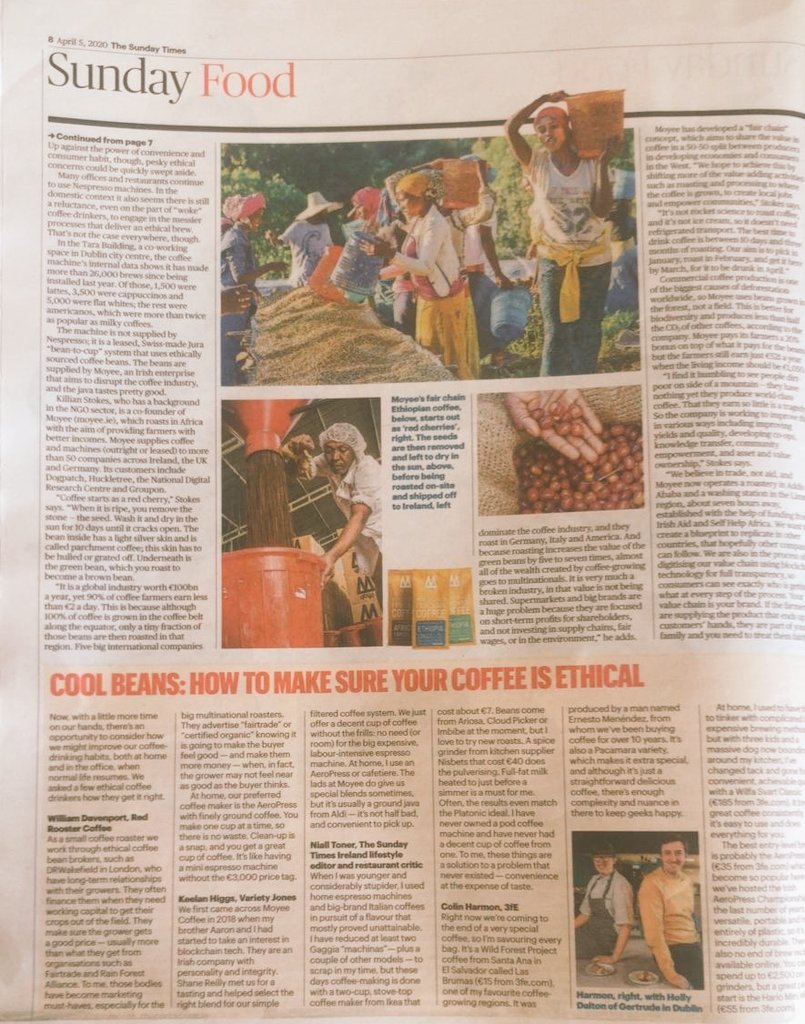 MoyeeCoffeeUKIE's tweet photo. Thanks so much to @katymcguinness for the write up in @thesundaytimes today. More &amp; more #coffeeroasters in Ireland trying to create impact at origin. We've given @KillianStokes some slagging for his posing skills already 🤣 #MakeEverySipCount #FairChain https://t.co/zHDwo6bc4L https://t.co/2SxaPMYZFw