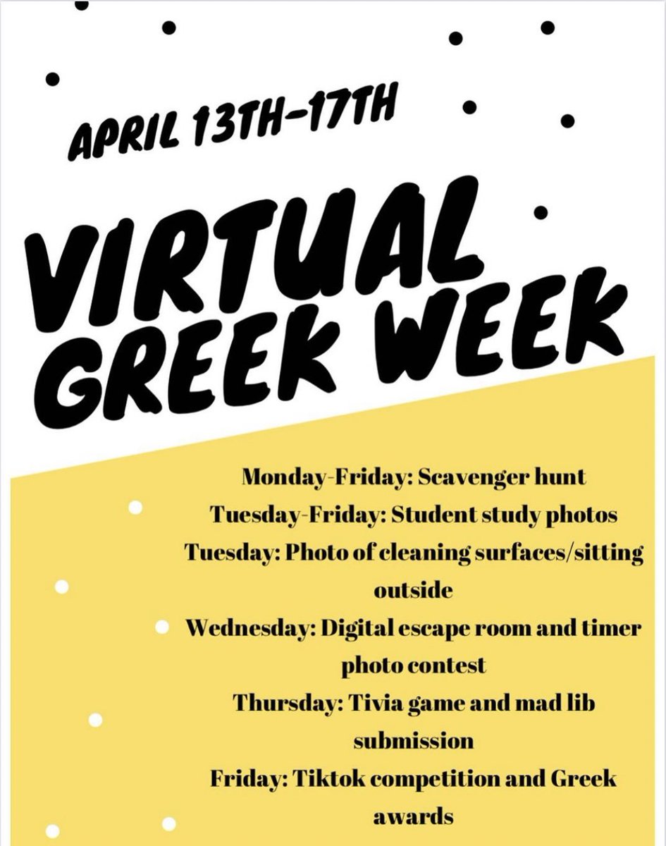 We have planned a virtual Greek Week for you all! We can’t wait for it to start April 13th!
