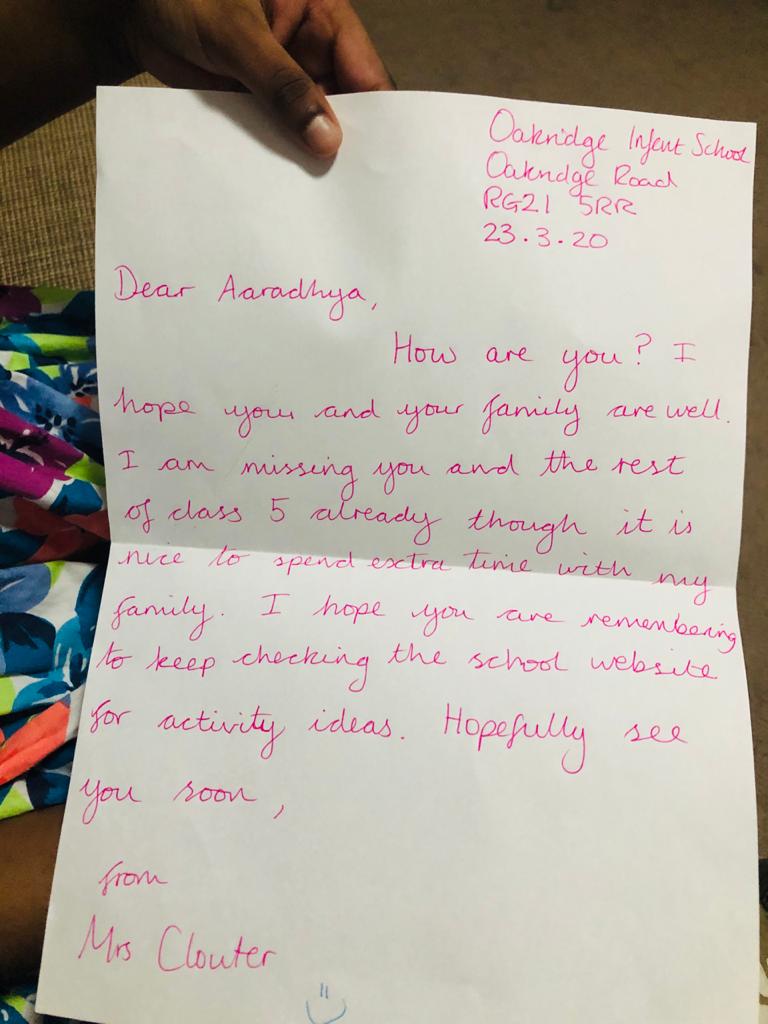BalaVasanth's tweet photo. @OakridgeFed Tq U Mrs. Clouter. Tis has made Diya so happy. tq so much fr tking tim in writng 2 her nd c s missing u nd t class. stay safe &amp; pls. Tc. https://t.co/YjaSbBLtV9