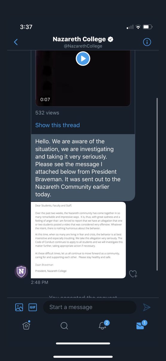 After this was posted,  @NazarethCollege addressed the initial post and sent a DM to  @BCad3t and sent the message the college posted on March 30th at 2:06 covering the issue. Keep in mind, this was just only addressed on Twitter.