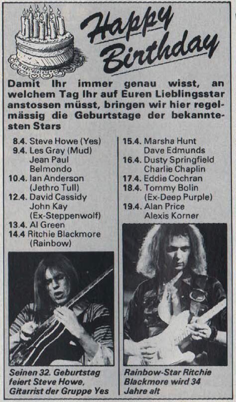 April 5, 1979

Pop magazine wishes the musicians of April a happy birthday, including Ritchie Blackmore. 