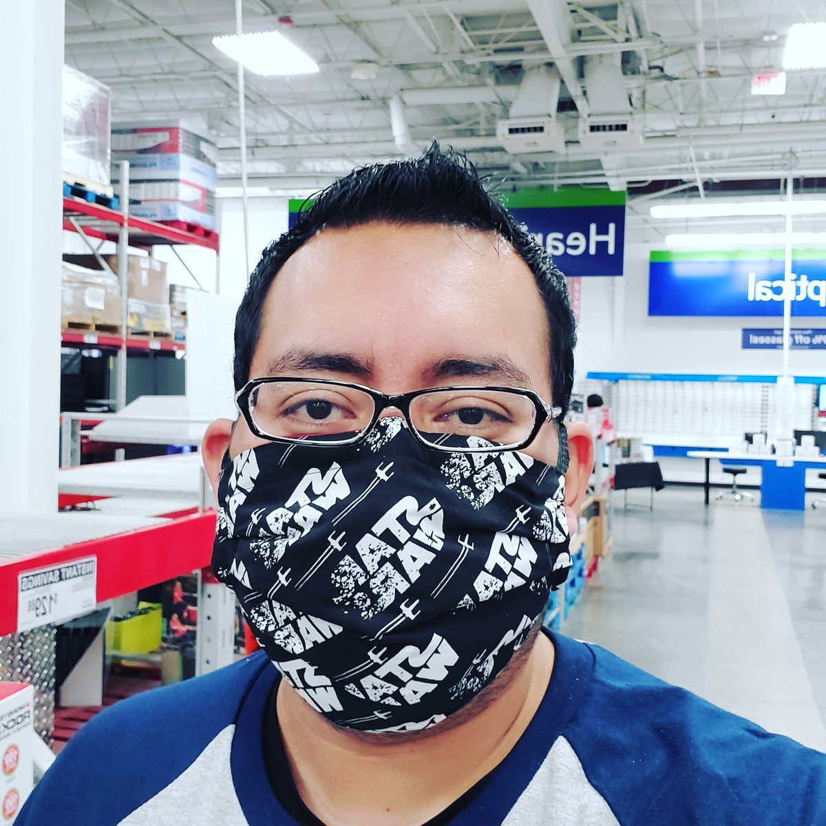 Steelmon's tweet photo. Out shopping in my designer mask. #StarWars #beSafe #wearamask #PPE #homemade #covid https://t.co/XYVrBnRegA