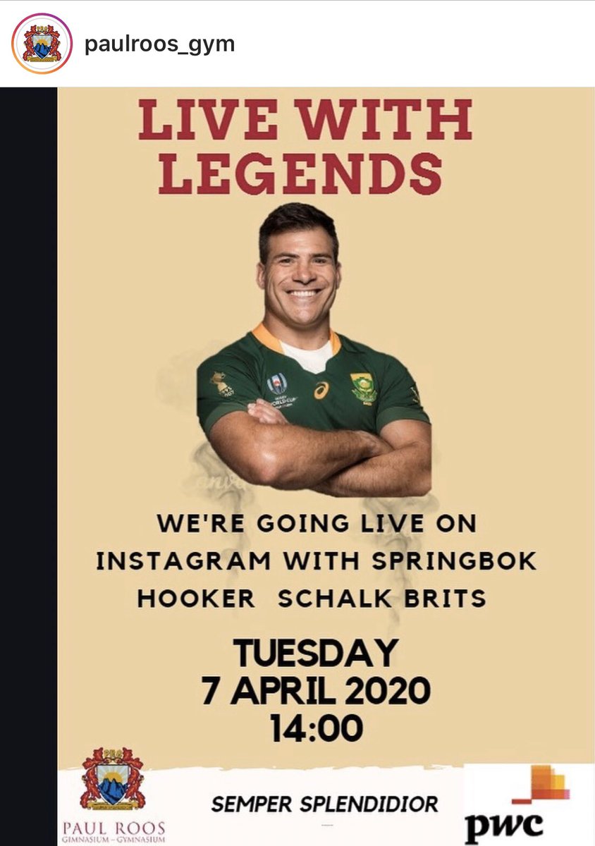 RugbySaracens's tweet photo. This Instagram Live session on Tuesday afternoon (1pm BST) might be of interest to the #SarriesFamily ⚫️🔴 🇿🇦
#LiveWithLegends @SchalkBrits @PaulRoos_Gym @RugbyRSA https://t.co/LgjFs9P6nO