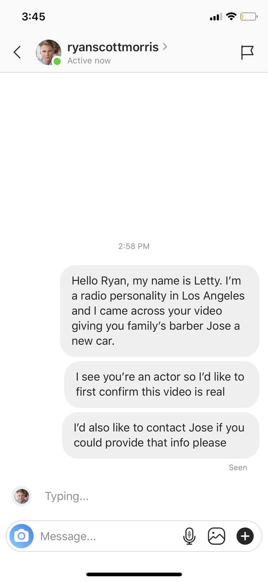 I found him on IG. He’s an actor with a small following. I figured ok, let me dm him.And while he saw my message and even started typing at one point. He didn’t respond to me yesterday.