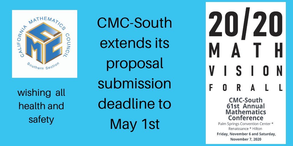 Considering all the changes #MTBoS and #iteachmath are experiencing, CMC-S is changing proposal submission date to May 1st. Looking forward to learning from you. cmc-south.org/2020-conferenc… #cmcmath