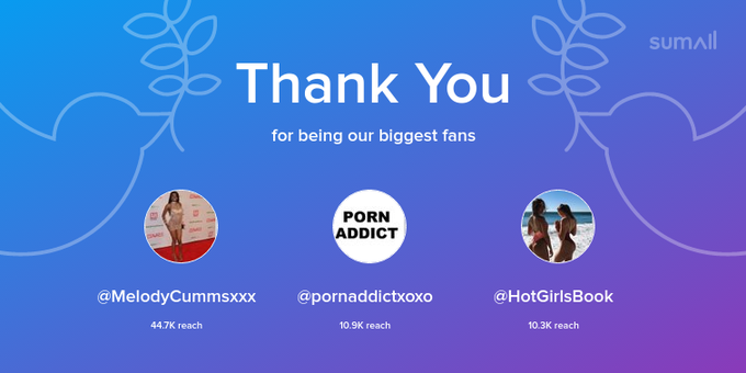 Our biggest fans this week: MelodyCummsxxx, pornaddictxoxo, HotGirlsBook. Thank you! via https://t.co/A1vpqAjixD<a href="/tag/mytwitteranniversary"class="tags"><span>#mytwitteranniversary</span></a>