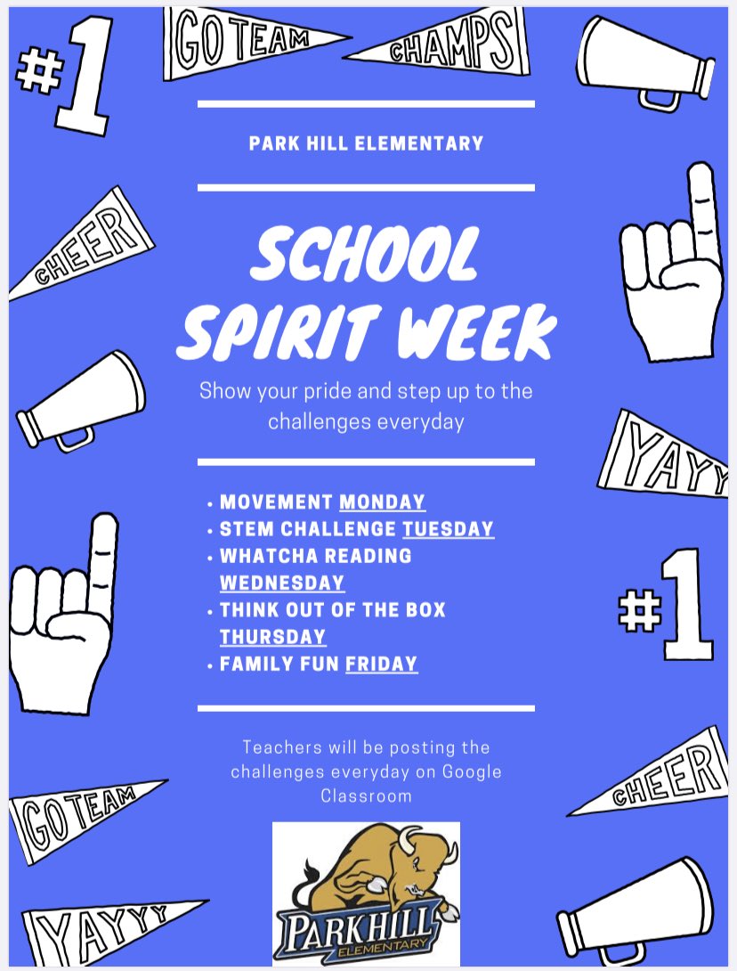 ParkHillElm's tweet photo. Bison Families! Check out our Spirit Week starting 4/6. Please join your teacherโs Google Classroom to watch the staff videos for each Spirit Day! https://t.co/8hHlIkrgSG