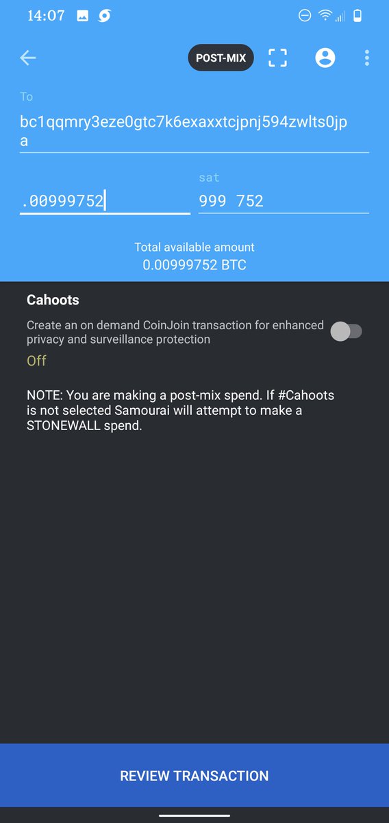 10/11 After the post-mix outputs are ready to spend, you have the option to turn on Cahoots. Then you can select Stonewallx2 or Stowaway. But you either need premium or another Samourai user to utilize these cool features. Spending all of your mixed outputs reduces privacy.