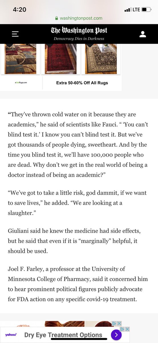 GIULIANI says he hasn’t spoken to Fauci about the experimental drugs. “I’m sure he thinks I’m an ignoramus.” But he is lobbying POTUS who agrees as with him. He’s talking several times a day with a NY doctor working with the White House on the drugs.  https://www.washingtonpost.com/politics/giuliani-a-familiar-voice-in-trumps-ear-promotes-experimental-coronavirus-treatments/2020/04/05/d4b3b56a-7438-11ea-85cb-8670579b863d_story.html