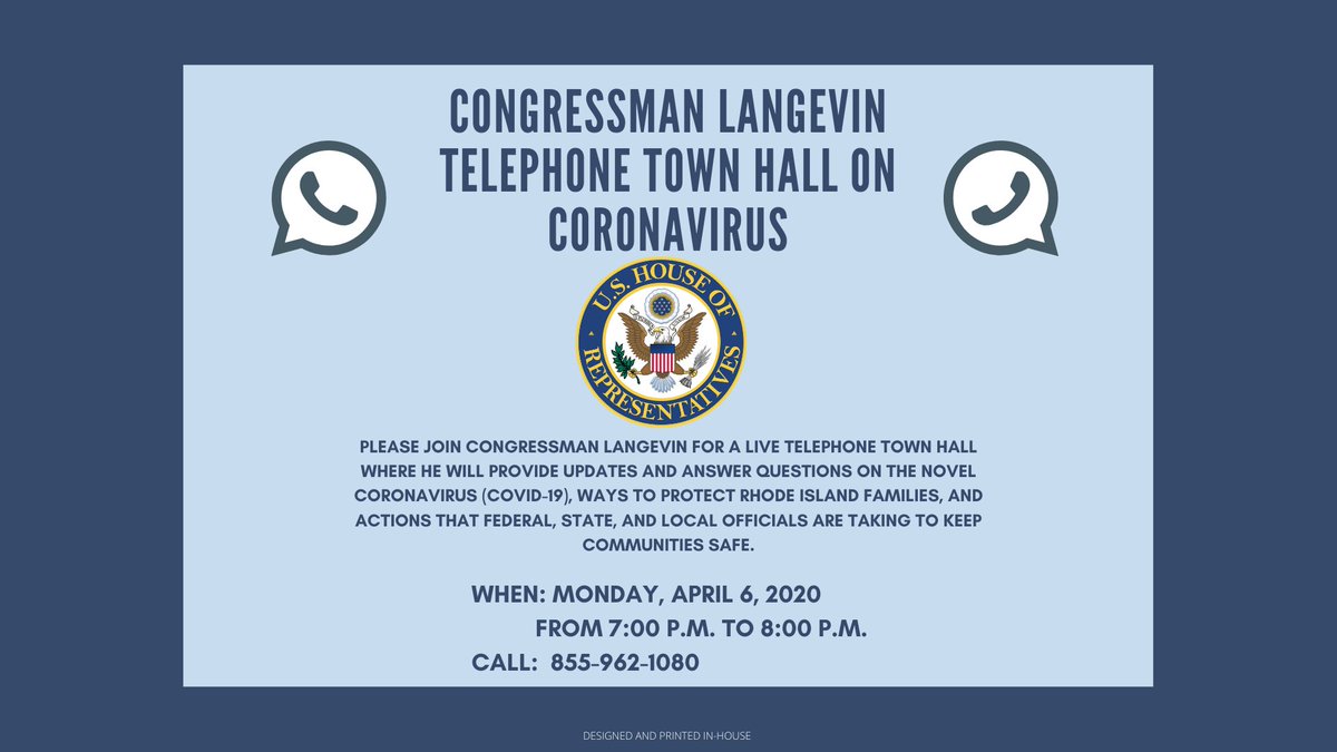 JimLangevin's tweet photo. Tomorrow, I will host a Telephone Town Hall w/ @RI_DLT Director Jensen, @SBA_RhodeIsland Director Hayward, &amp; @RIHEALTH's Dr. McDonald to answer questions &amp; provide info on valuable resources for #RIers impacted by #coronavirus. Call 855-962-1080 at 6:55pm
https://t.co/B3I67SvES2 https://t.co/tAcXKH5lkb