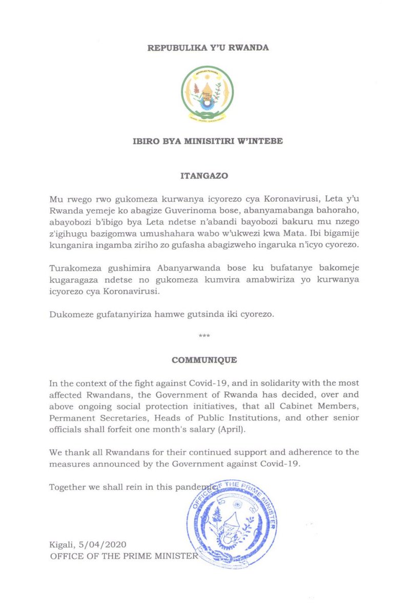Itangazo riturutse mu Biro bya Minisitiri w'Intebe | Announcement from the Office of the Prime Minister
