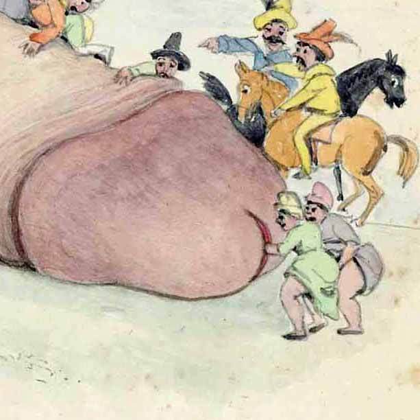 "Gulliver's Travels"
The Lilliputians discover Gulliver asleep on an Island.
Watercolor, England, mid-19th century.