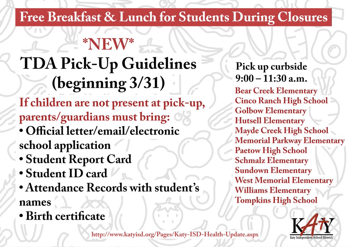 We have enjoyed serving meals to Katy-area kids! Last week alone we served 103,297 free breakfasts and lunches! This week, we will only be distributing meals Monday-Thursday. Friday, April 10, is a district holiday. Can't wait to see you - from a distance! #KatyStrong