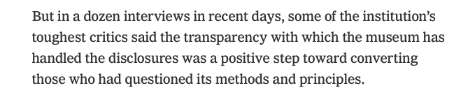 But the weirdest part may be the reference to "a dozen interviews" with "some of the institution& #39;s toughest critics"I follow several of MOTB& #39;s toughest critics and none of them is quoted in the article.
