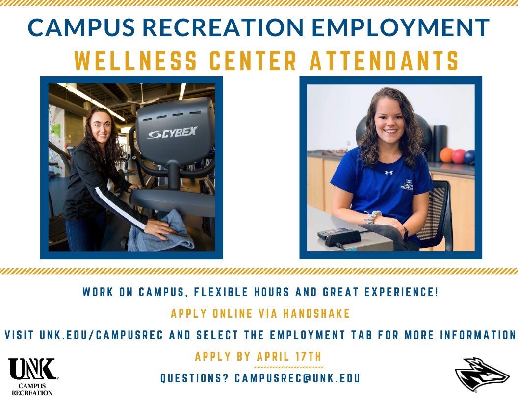 UNK_Rec's tweet photo. We are hiring! Looking for motivated individuals with a love of staying active and healthy! Hiring for Fall 2020! #unklopers https://t.co/Yzg0v2daJK