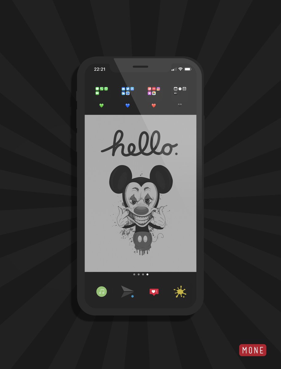 kleinmone's tweet image. My setup this evening without JB 🤷🏼‍♀️🤓
&apos;hello&apos; @chvylvr6972 
Wall by @Maria2Ps (edited)
Dock icons my own
#iPhone11ProMax #ios134