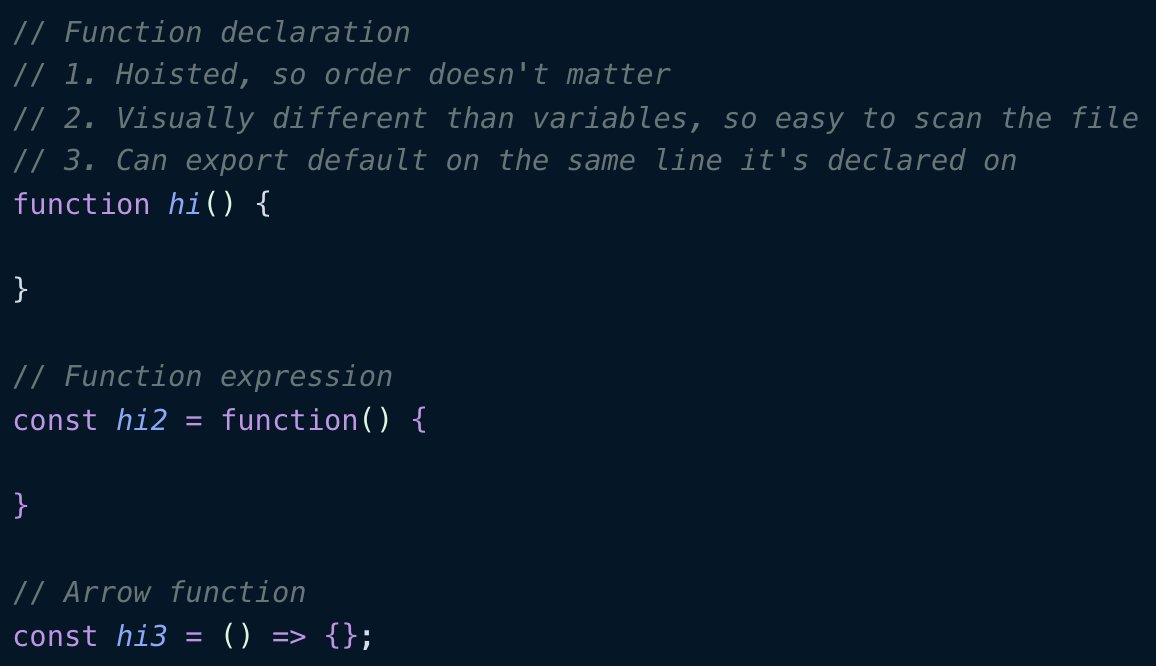 housecor's tweet image. I prefer #javascript function declarations over function expressions and arrow functions.

Function declaration benefits:

1. Hoisted, so order doesn&apos;t matter
2. Visually different than variables, so easy to scan the file
3. Can export default on the same line it&apos;s declared on